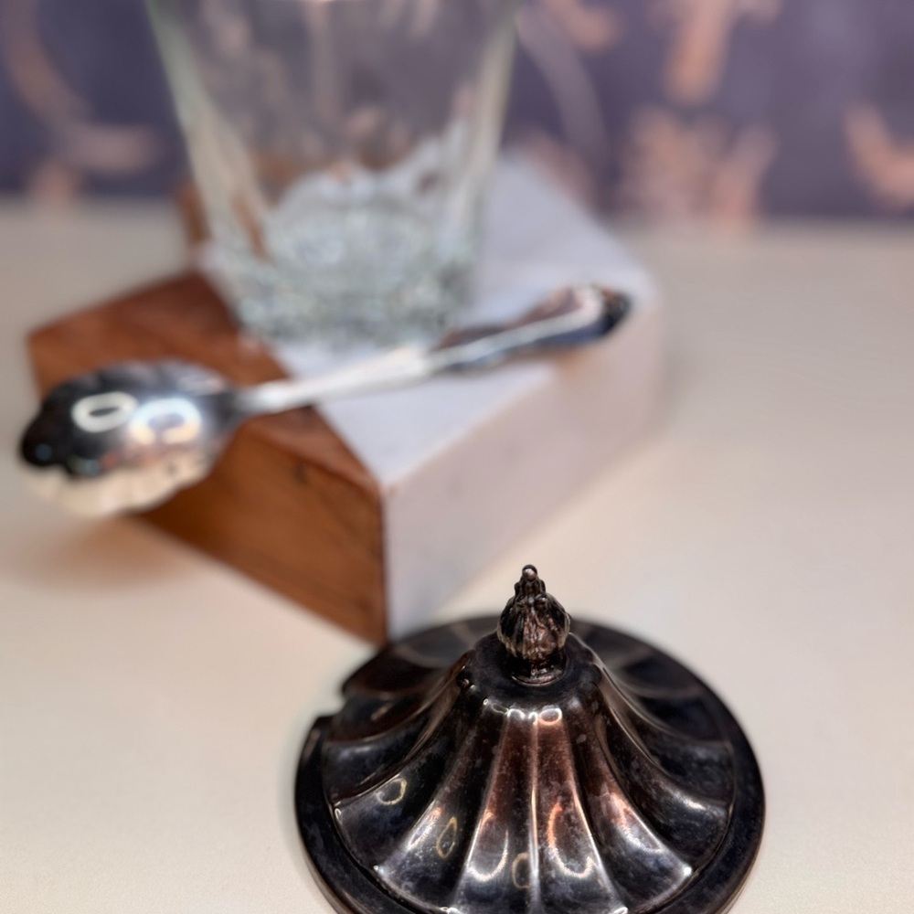 Vintage Glass Sugar Dish with Silver Plated Lid and 1847 Rogers Brothers Spoon - Picture 5 of 7